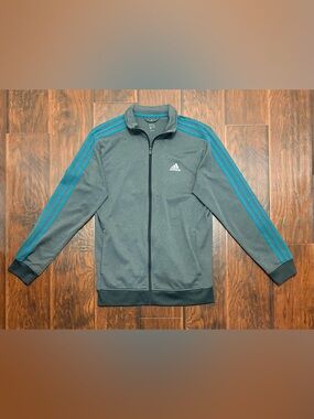 Adidas Track Jacket Mens Medium Gray Teal Striped Full Zip Athletic Jacket